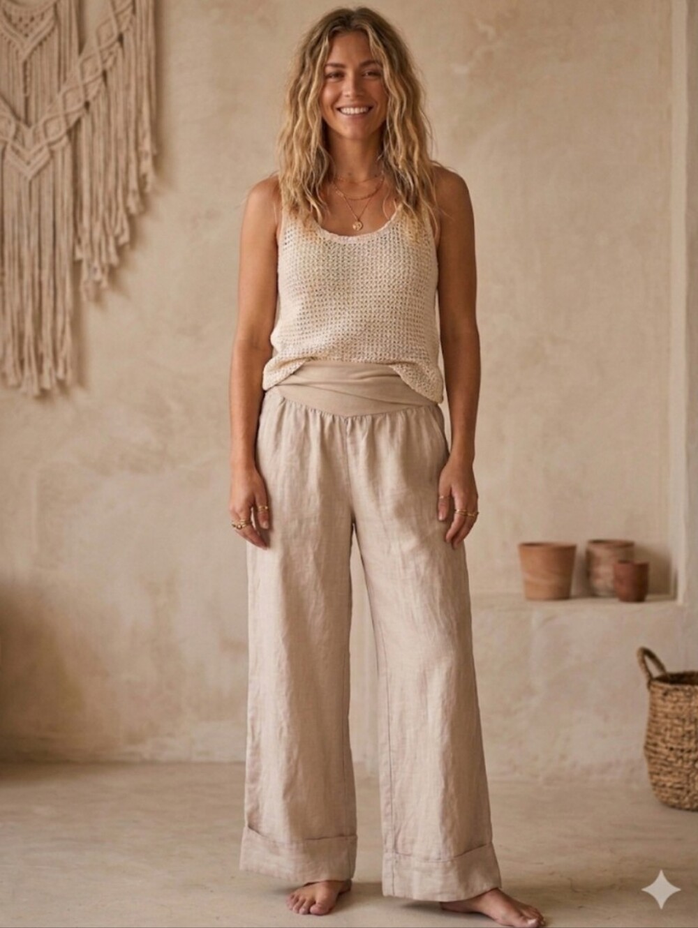 M made in Italy wide leg linen pants knit waist Band beige XL @v